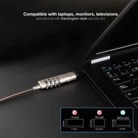 Tooq Cable de Seguridad Tipo NANO con Combinación, 1,5m, Gris Oscuro